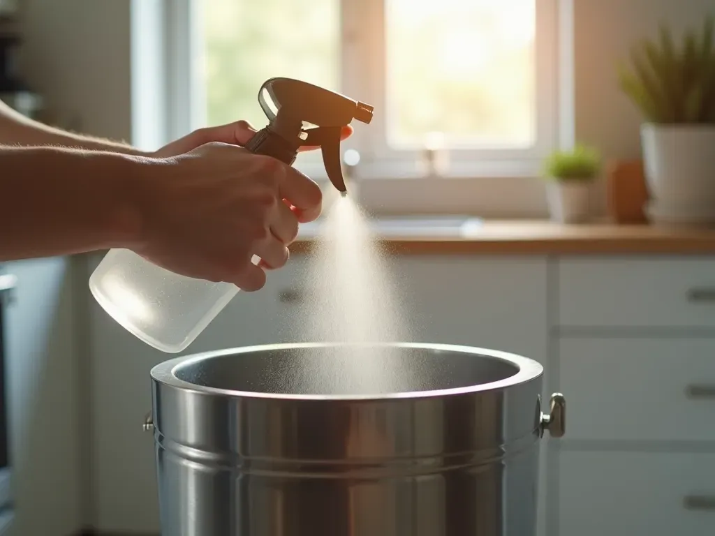 çöp kutusu temizliği Close-up of a person's hands using a spray bottle to clean the inside of a modern stainless steel trash can in a well-lit kitchen setting.