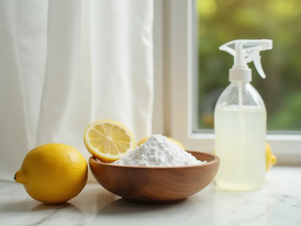 doğal temizlik seti Close up of a wooden bowl containing white baking soda and fresh lemon slices next to a spray bottle on a clean marble countertop.