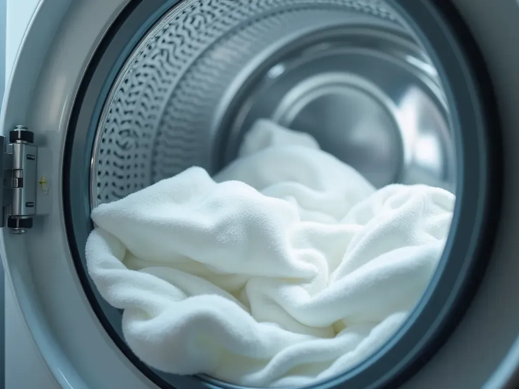 çamaşır yıkama süreci Close up of white laundry spinning inside a modern washing machine drum with soft natural light entering from the side highlighting clean water movement and fabric texture without any text or branding visible.
