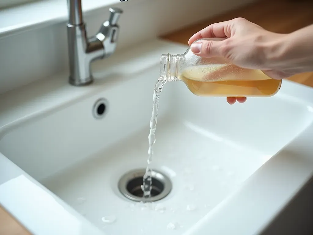 lavabo temizliği Close-up photo of a modern white ceramic kitchen sink with stainless steel drain. A hand is holding a clear bottle pouring vinegar into the drain while baking soda sits nearby on the countertop. Bright natural lighting, clean minimalist background.