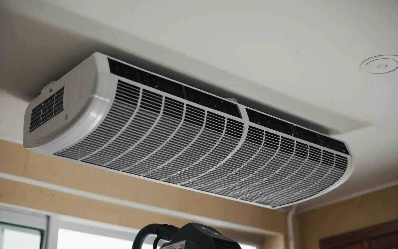 klima bakımı detay Close-up shot of a person cleaning air conditioning filter with vacuum cleaner showing dust removal process in bright clean indoor setting emphasizing maintenance importance