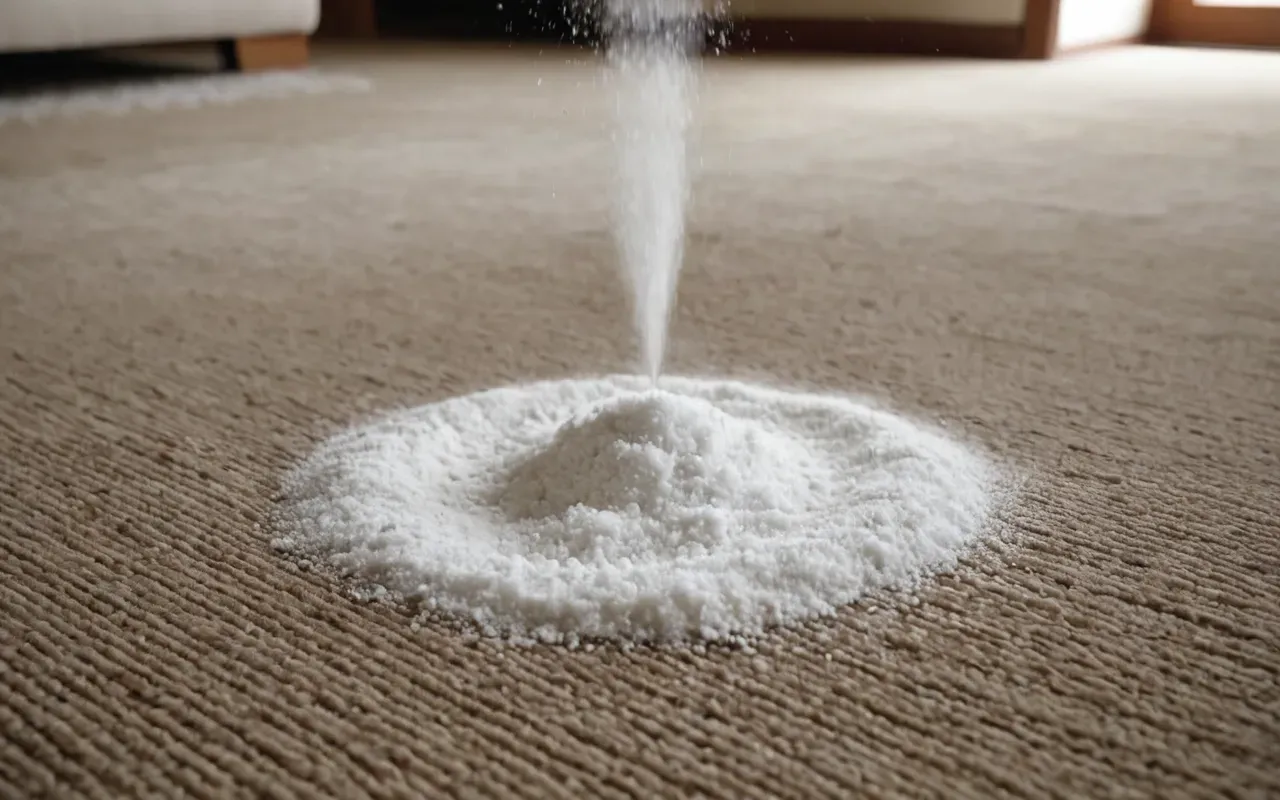 halı bakımı ve temizliği Close up shot of white baking soda being sprinkled onto a beige textured carpet with visible steam rising indicating freshness and cleanliness in a modern living room setting no text present