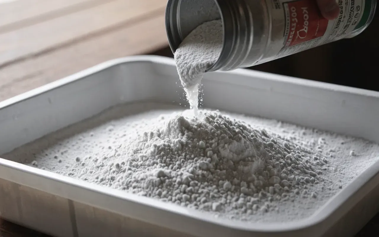 Close-up shot of white baking soda powder being sprinkled onto the bottom of a clean empty plastic container. Soft lighting highlights the texture of the powder against smooth surface emphasizing cleanliness and simplicity in home care routine.