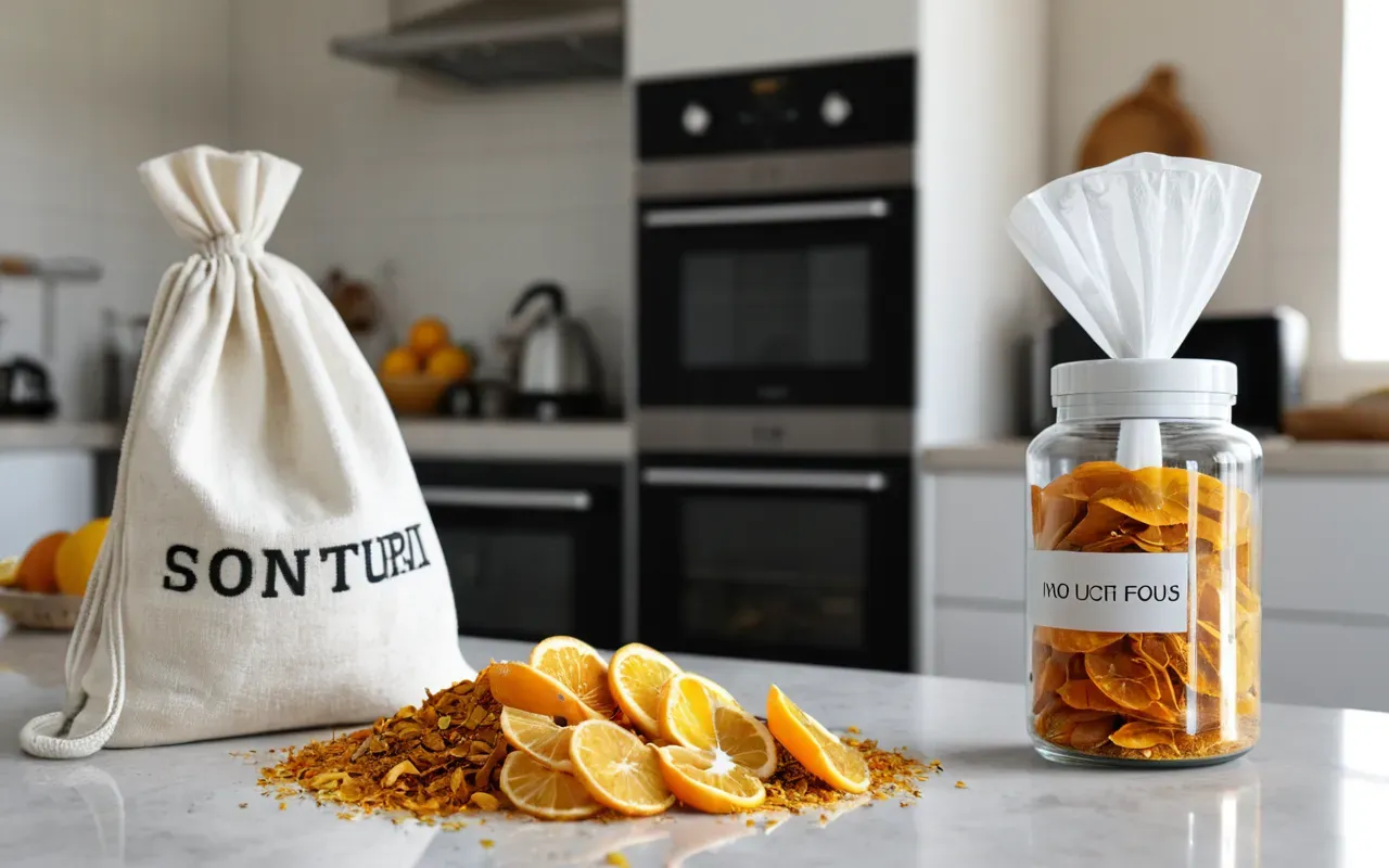 kurutulmuş narenciye kabuğu Dried lemon and orange peels arranged in a small glass jar next to a white vacuum cleaner dust bag, showcasing natural fragrance solutions on a bright kitchen shelf.