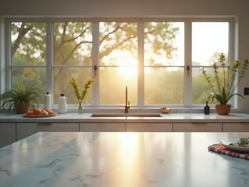 mutfağınızı havalandırın Interior of a modern minimalist kitchen with large windows open to let in natural light and air flow, showing an uncluttered countertop.