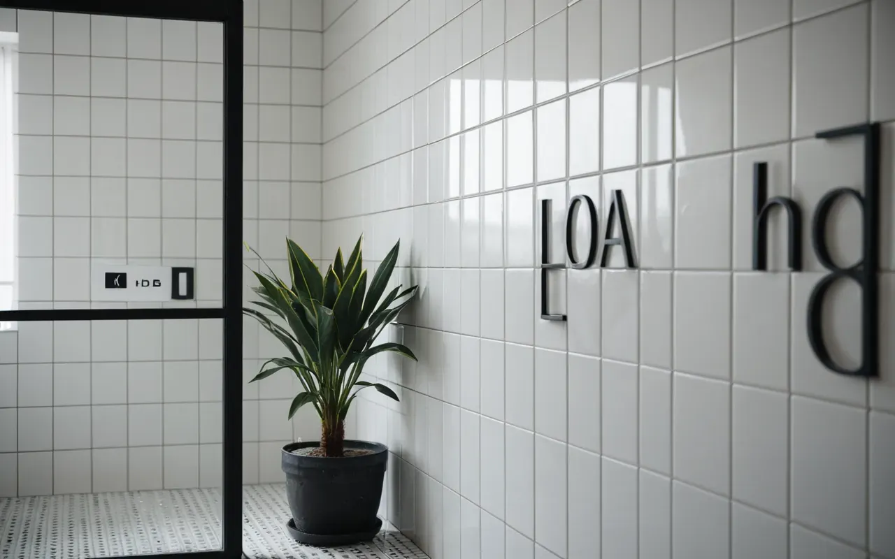 Minimalist bathroom interior with white tiles and glass shower door. A small potted plant adds touch of greenery while soft light reflects off clean surfaces creating serene hygienic environment devoid of any text or branding elements.