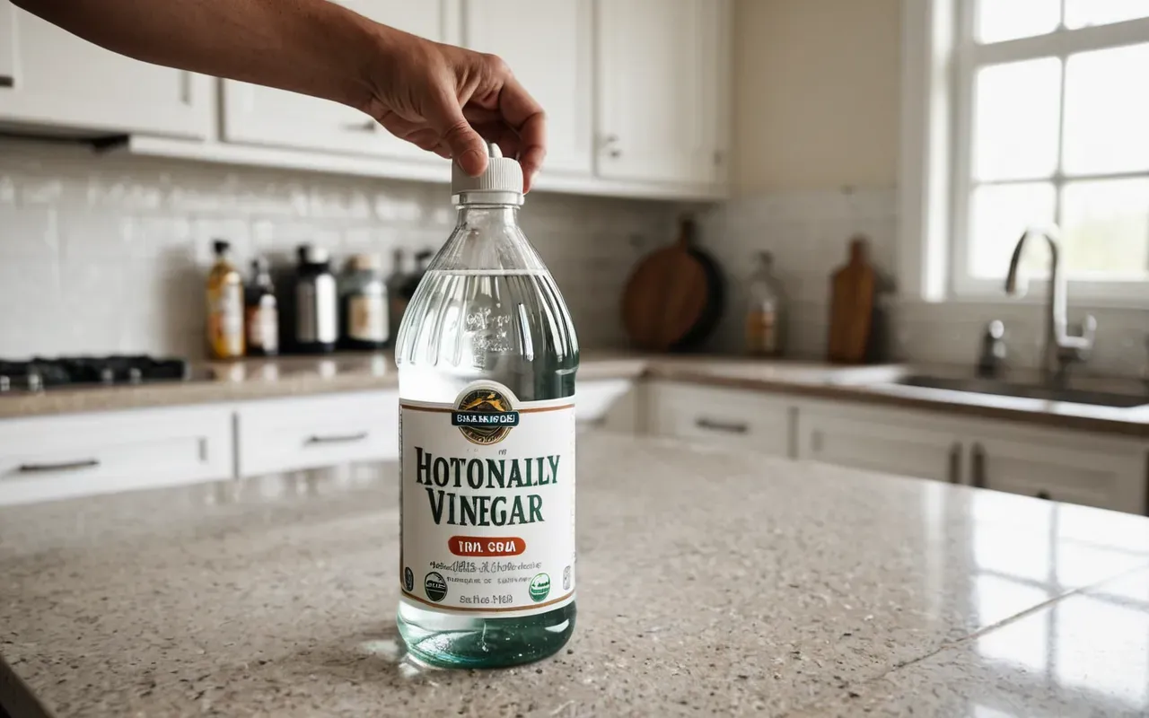 doğal temizlik malzemeleri Person holding bottle of white vinegar and box of baking soda on clean kitchen counter preparing to remove odors natural cleaning supplies visible bright daylight setting no text