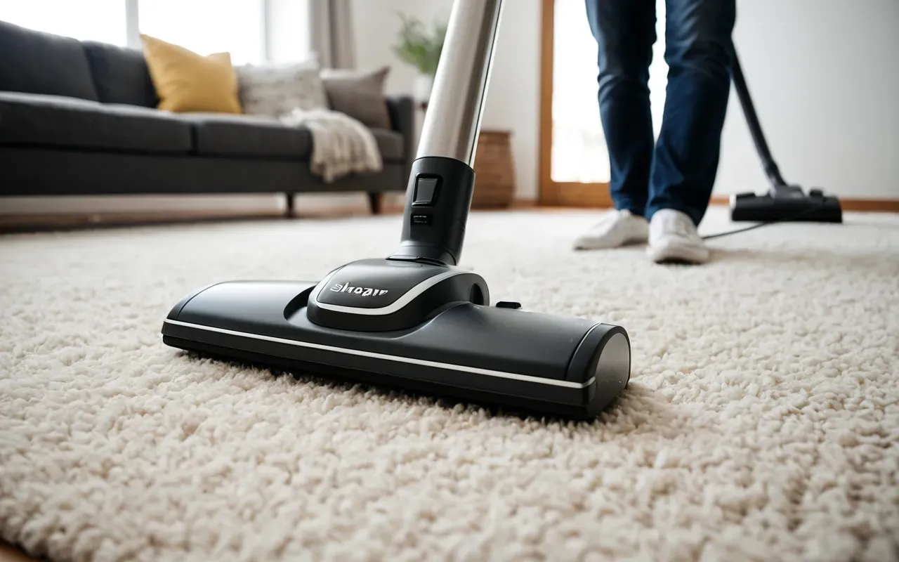 kolay temizlenebilir ev dekorasyonu Person vacuuming modern light colored rug in tidy living room using upright vacuum cleaner bright daylight setting emphasizing easy cleaning maintenance routine no branding visible