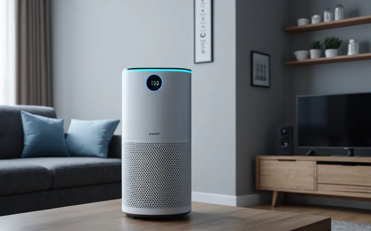 hava arıtıcı cihaz evde Smart air purifier device standing in corner of modern living room displaying blue light indicator showing active filtration clean technology atmosphere no branding visible neutral tones