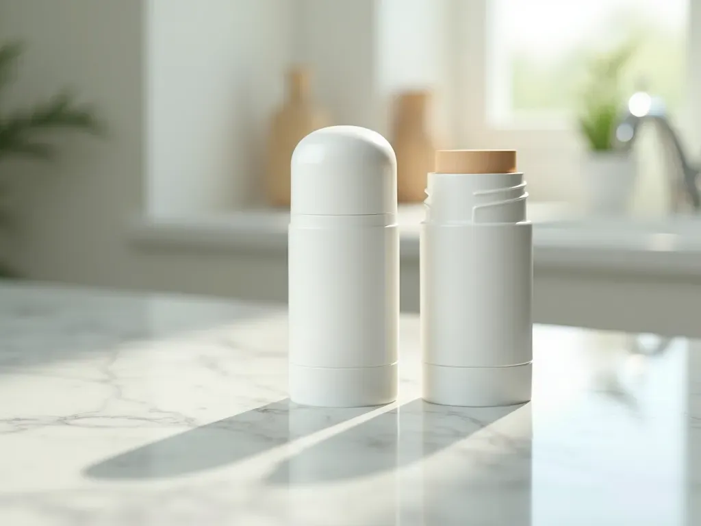 deodorant ile antiperspirant farkı Two different deodorant sticks placed on a clean white marble surface with soft natural lighting.