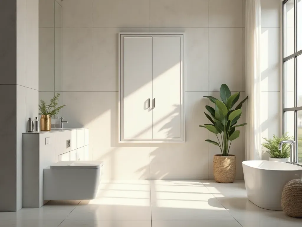 Wide shot of a bright modern bathroom with a sleek ventilation fan, neutral tiles, clean surfaces, soft morning light, editorial interior photography