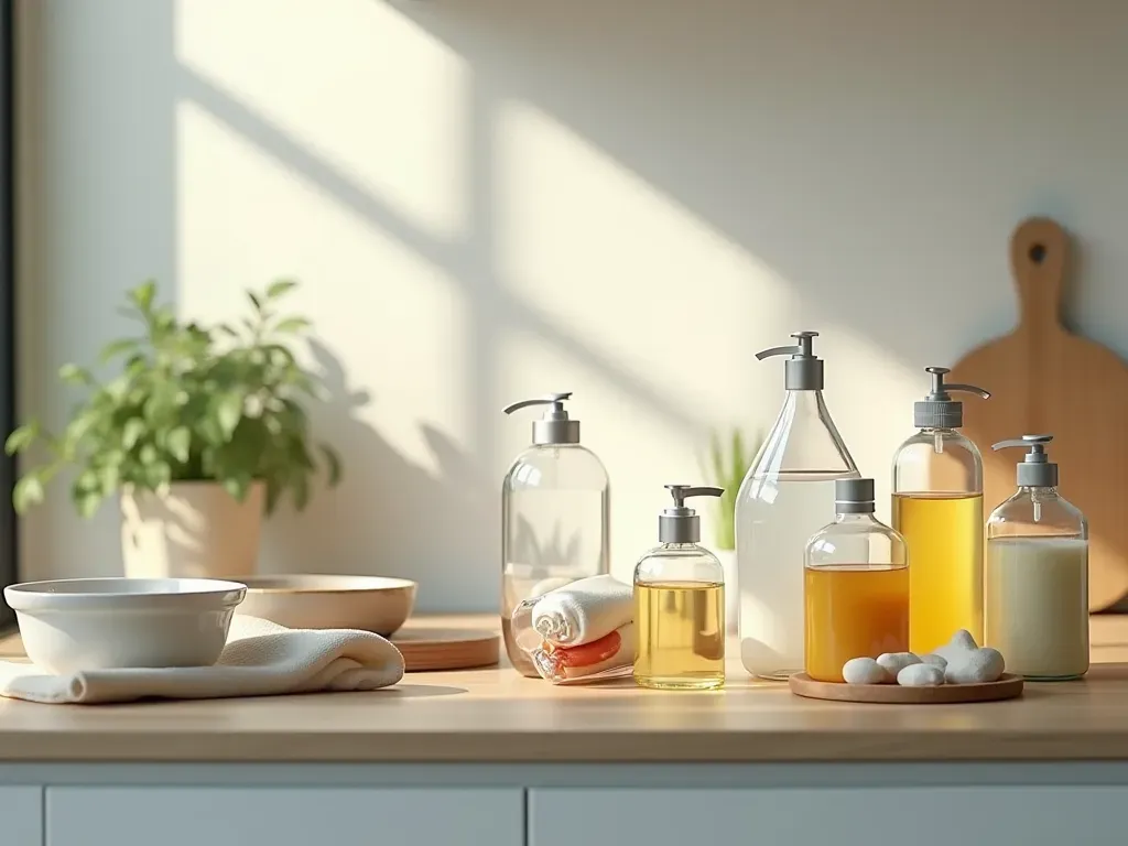 temizlik malzemeleri düzeni Wide shot of a modern kitchen countertop with various cleaning supplies arranged neatly in glass jars and ceramic bowls under soft natural light.