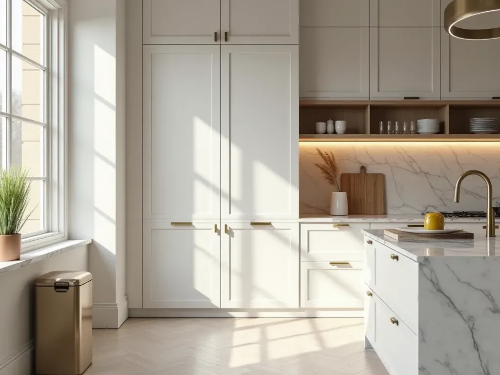 çöp kutusu temizliği Wide shot of a modern minimalist kitchen interior with marble countertops, brushed brass fixtures, soft natural daylight, and a sleek stainless steel trash can placed discreetly against the cabinetry.