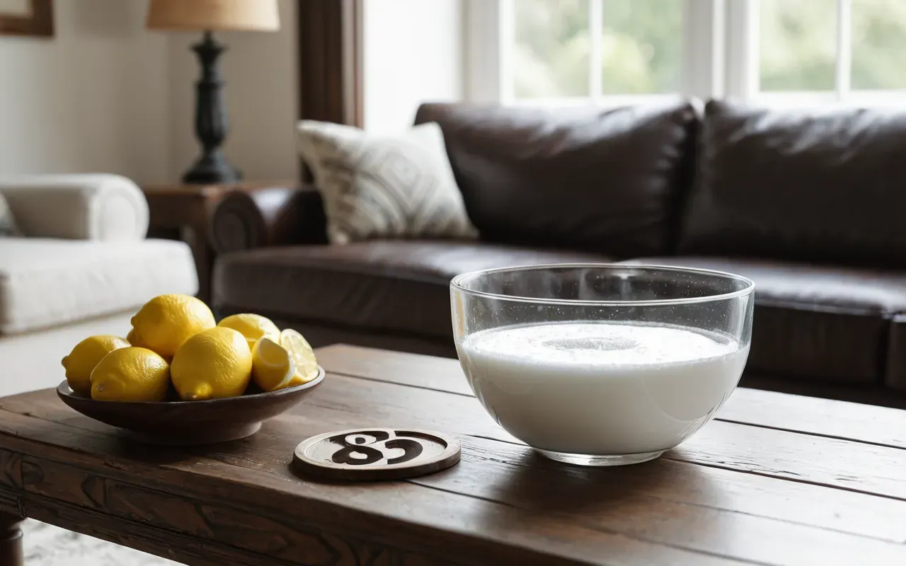 doğal koku giderici malzemeler A bright and airy living room with a glass bowl filled with white baking soda placed on a wooden coffee table next to fresh lemon slices in natural sunlight.