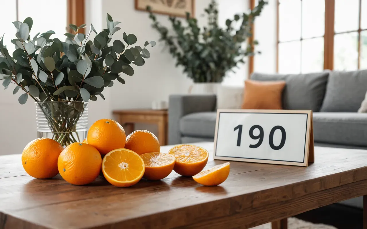 A bright and airy living room with fresh orange slices scattered on a wooden table next to a vase of eucalyptus stems under soft morning light.