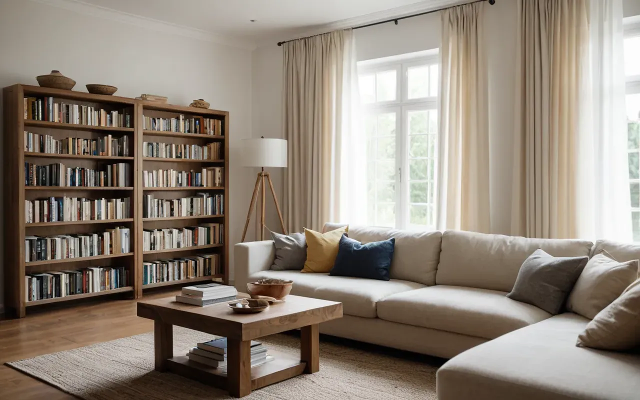salon düzeni A bright and airy modern living room with white curtains, a beige sofa, and natural light streaming through large windows. A person is organizing books on a wooden shelf in the background.