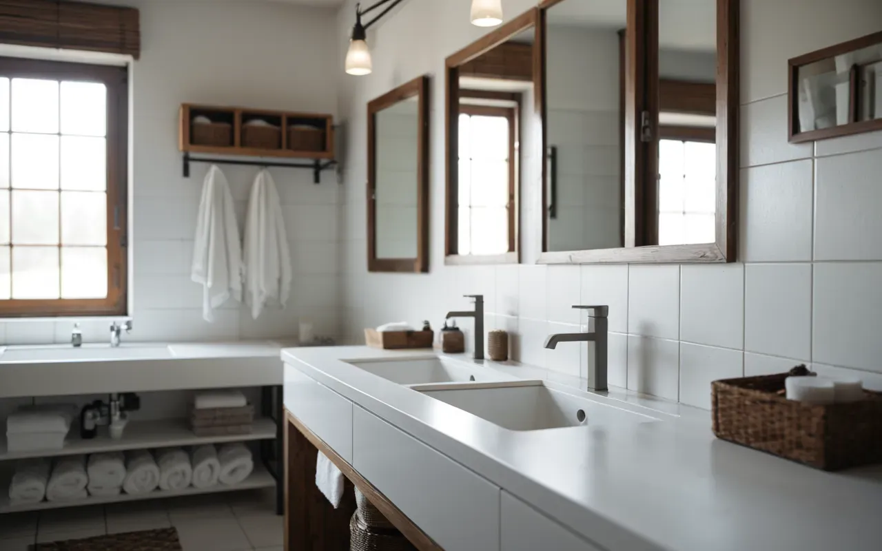 banyo temizliği A bright and modern bathroom interior featuring a clean white sink with open cabinet doors revealing pipes underneath natural light streaming through a small window highlighting hygiene without any visible text or labels.