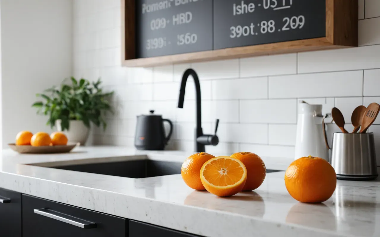 temiz mutfak ortamı A bright modern kitchen with a clean white sink and fresh orange slices on the counter. Natural light fills the room creating a healthy atmosphere.