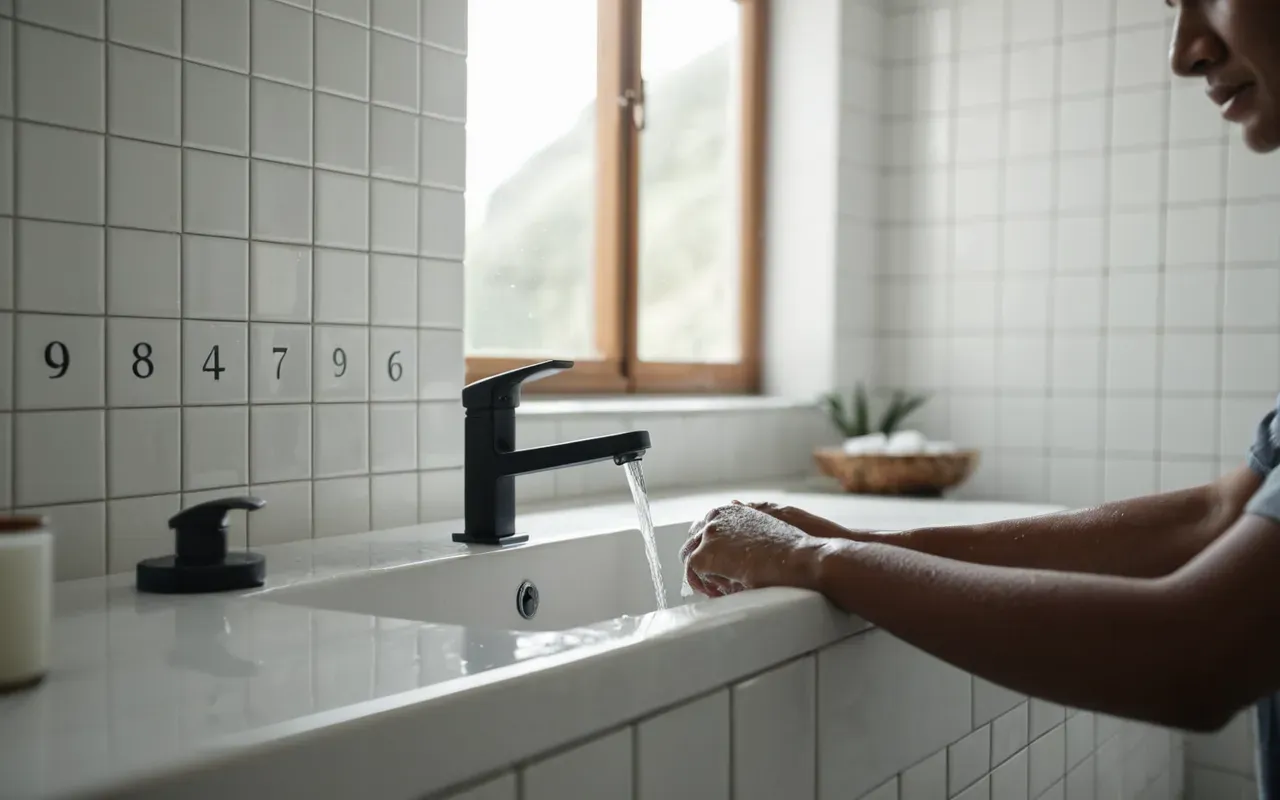 banyo temizliği A clean and bright bathroom with white tiles and a glass shower enclosure. A person is washing their hands at the sink under soft natural light from a nearby window.