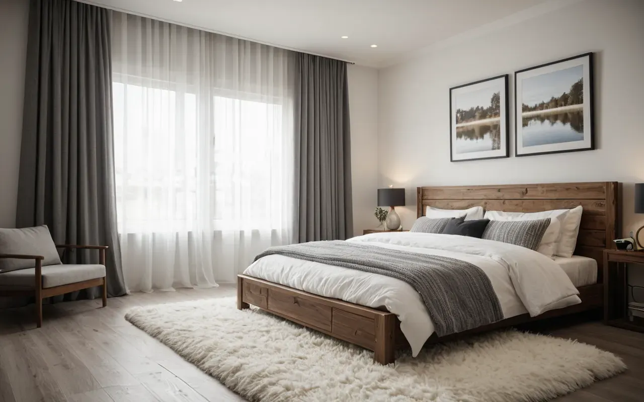 A clean modern bedroom with a fluffy white rug and a wooden pet bed in the corner under soft daylight streaming through sheer curtains