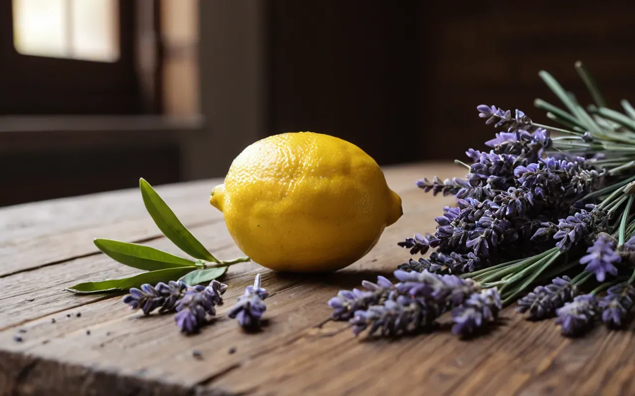 limon karanfil lavanta A close-up of a fresh lemon half with cloves stuck into the rind and sprigs of dried lavender next to it on a wooden table. Soft natural light creates a warm atmosphere.