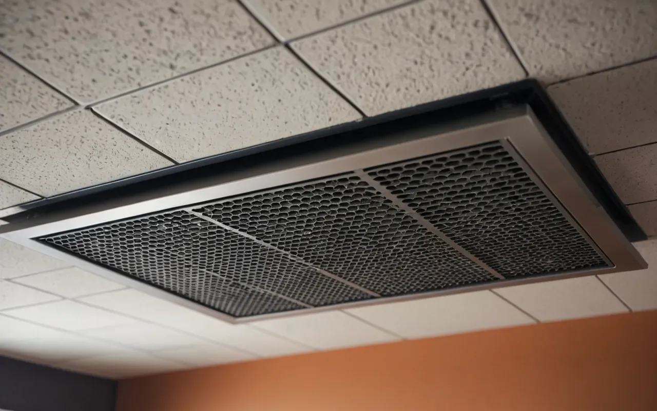 havalandırma kanalları temizliği A close up of a modern air vent and duct system showing dust accumulation, representing hidden smoke residue in the building structure without any text or labels.