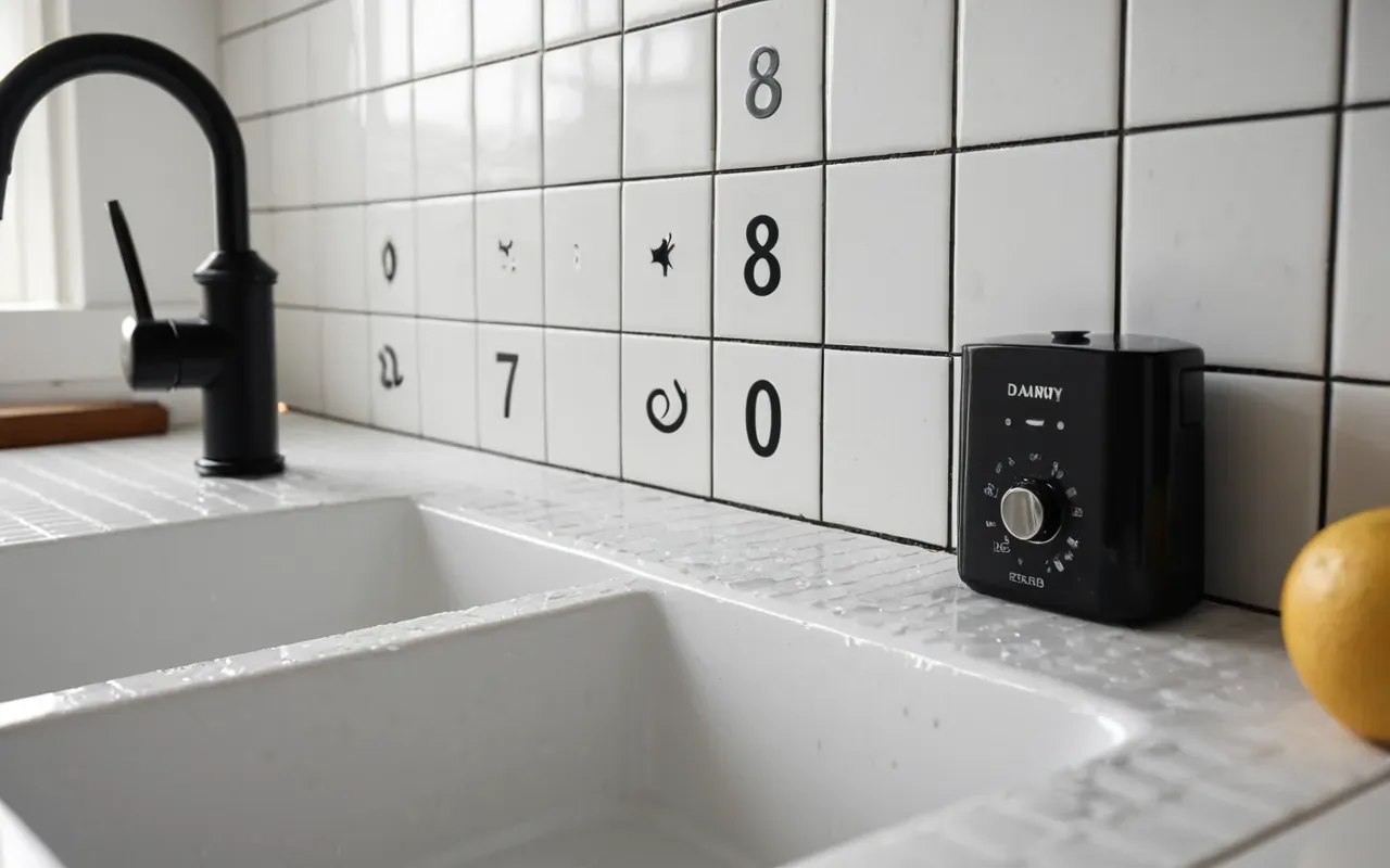 nem kaynaklı koku A close-up of a modern kitchen sink corner with subtle moisture marks on the white tile wall next to the faucet, showing hidden dampness without any visible mold or text.