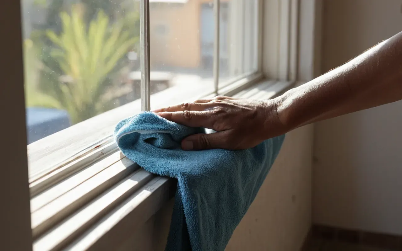 pencere temizliği A close-up of hands carefully dusting a window frame with a soft microfiber cloth in a bright living room, sunlight reflecting off the glass.