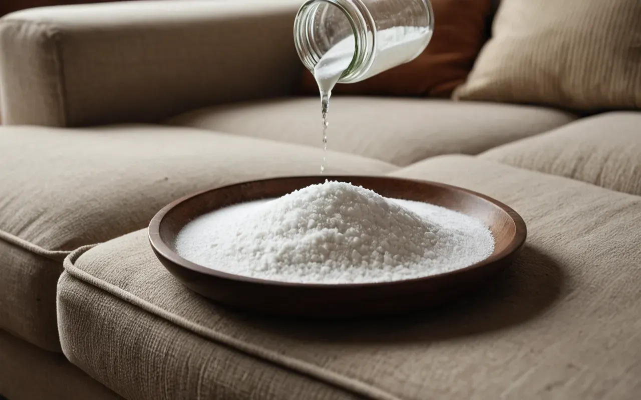 koltuk temizliği karbonat A close up shot of white baking soda being sprinkled on a beige sofa with a small spoon and a glass jar nearby.