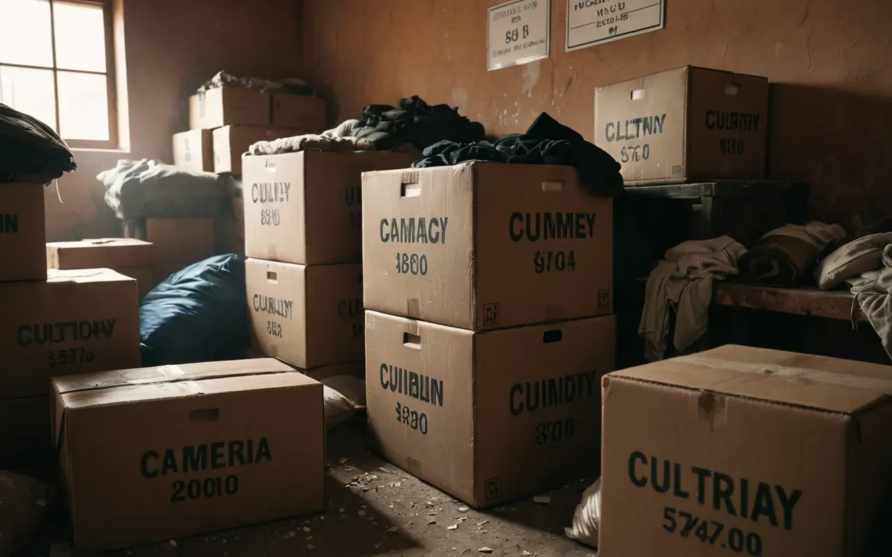 dağınık ev düzeni A close-up view of a cluttered room filled with stacked boxes and bags, dim lighting, dust particles floating in the air, creating a sense of neglect and stagnation.