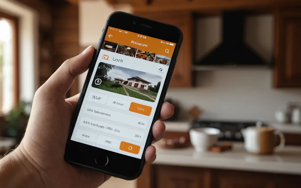 A close-up view of a hand holding a smartphone with a blurred health app interface visible on screen, soft focus background showing a cozy home interior with warm lighting and green plants, modern medical technology concept.