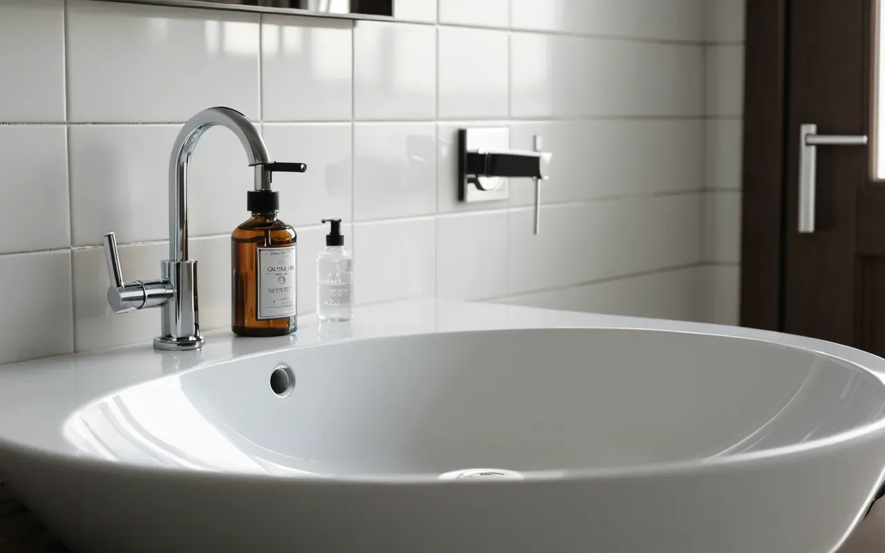 banyo temizliği ürünleri A close-up view of a modern bathroom sink with white tiles and chrome fixtures. A small bottle of clear liquid cleaner sits next to the faucet under bright overhead lighting.