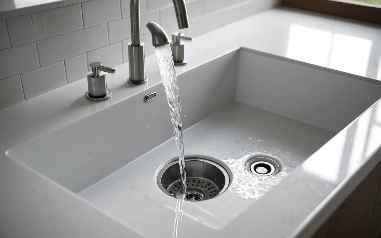 mutfak lavabosu temizliği A close-up view of a modern white kitchen sink with water running, showing the drain area clearly without any text or labels.