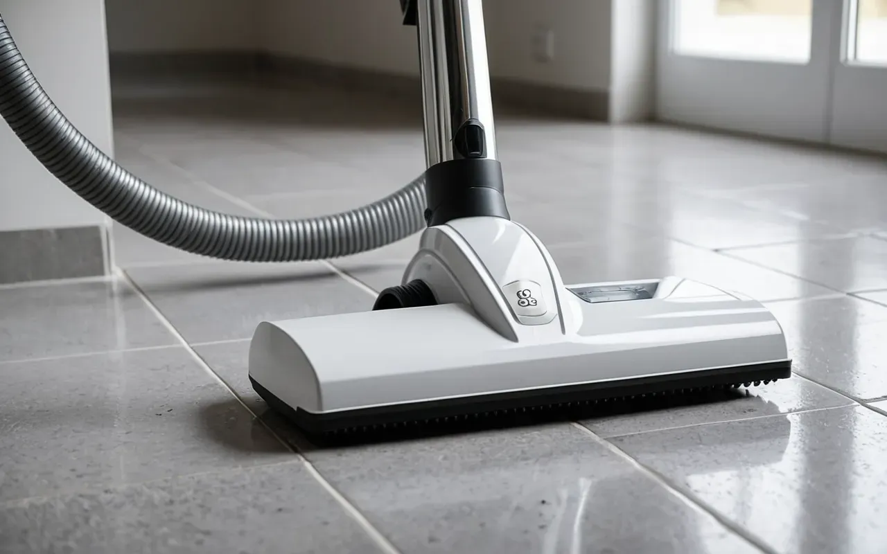 ev temizliği ve koku kontrolü A close up view of a modern white vacuum cleaner hose and nozzle on a light grey tile floor. The lighting is soft and natural coming from an unseen window creating gentle shadows.