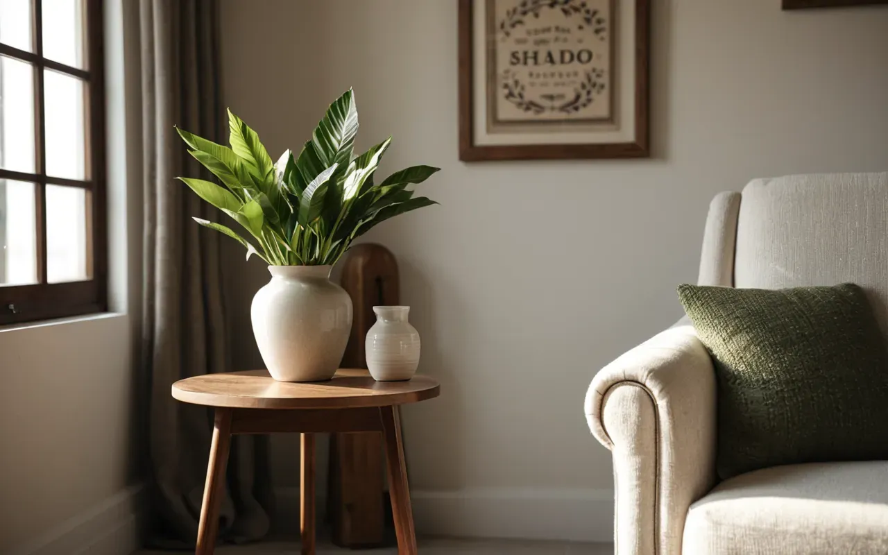 konforlu ev içi düzenleme A cozy corner of a modern home with a light beige armchair and a small wooden side table holding a ceramic vase with green leaves. Soft sunlight casts gentle shadows on the wall.