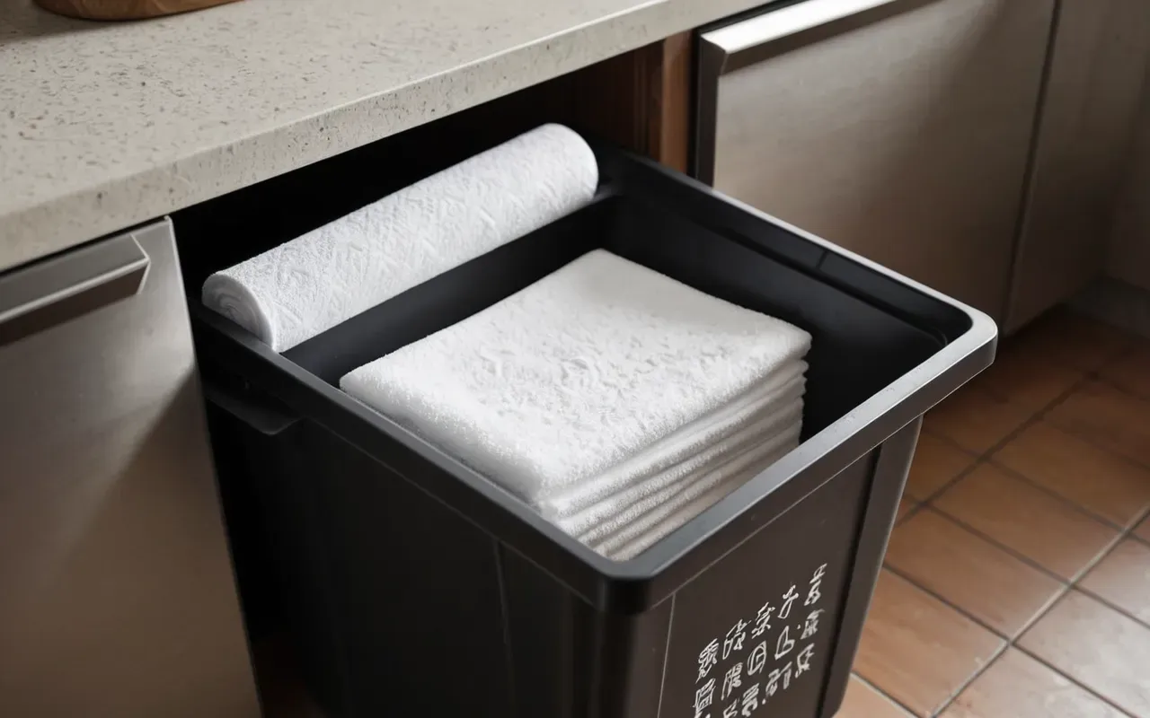 nem kontrolü A detailed view of a kitchen waste bin interior with dry paper towels and baking soda sprinkled on the bottom to absorb moisture in a modern minimalist style with soft natural lighting from a nearby window