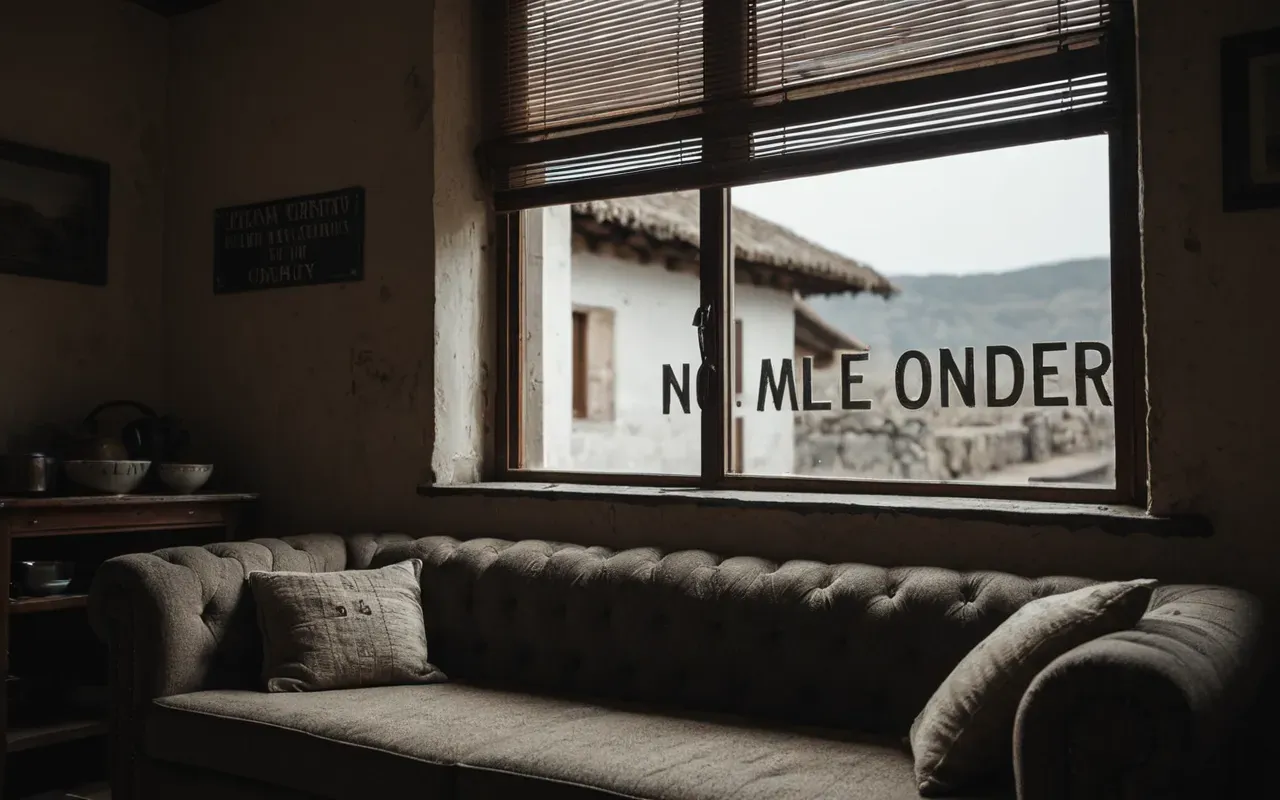 A dimly lit living room with a dusty sofa and an open window letting in cold light, creating a melancholic atmosphere.