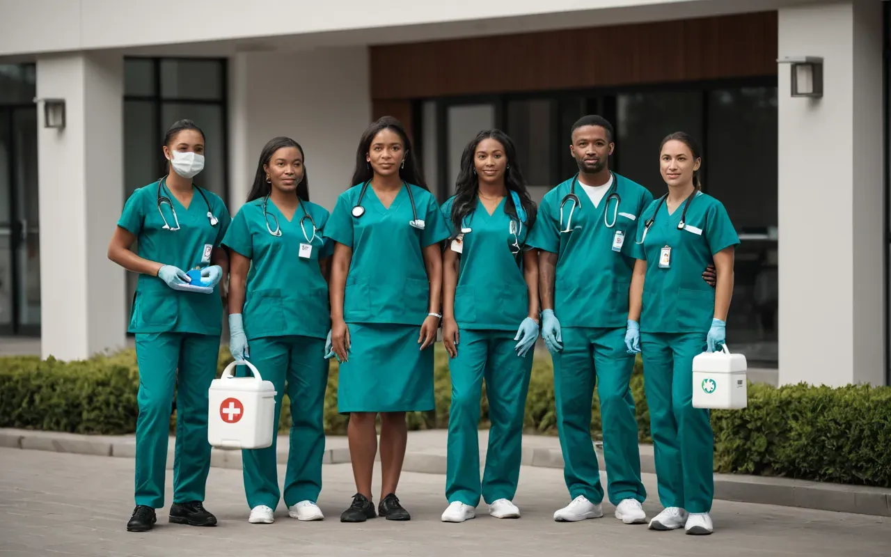 bakım ekibi A diverse group of caregivers in clean uniforms standing outside a modern residential building. They are holding medical kits and cleaning supplies.