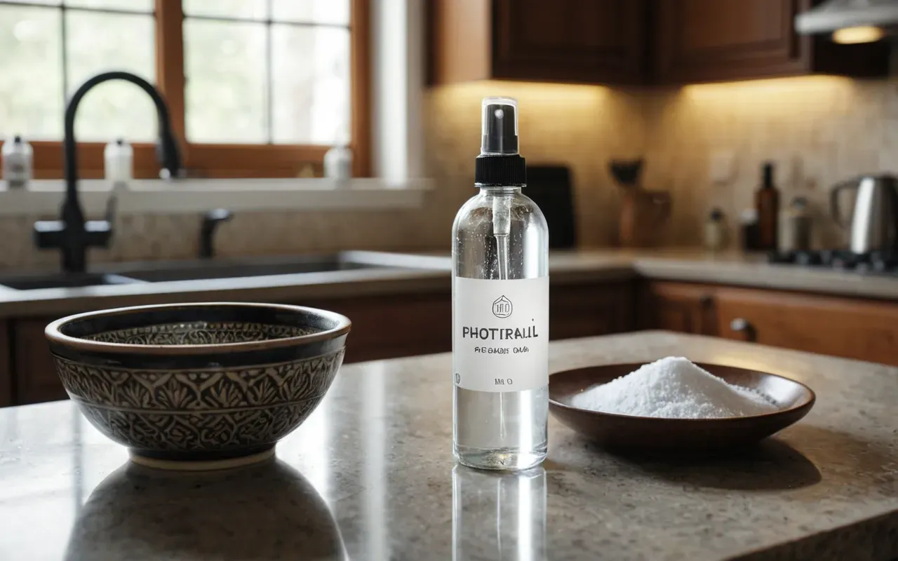 doğal koku gidericiler A glass spray bottle filled with water and essential oils placed next to a small bowl of baking soda on a clean kitchen counter, soft diffused lighting.
