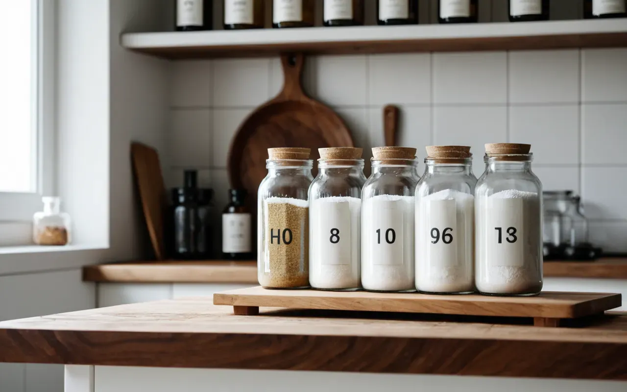 temizlik malzemeleri A minimalist kitchen shelf displaying glass jars with white powder and essential oil bottles next to a wooden cutting board soft daylight illuminating the clean surfaces without any readable text or brand names on the containers.