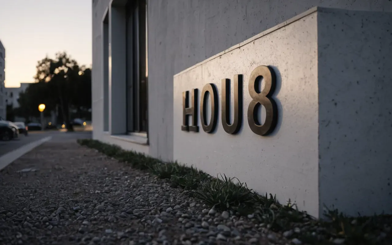 apartman dış cephe koku A modern apartment building facade at dusk with warm light glowing from one specific window on the ground floor. The exterior walls are clean white concrete and large glass windows reflect the dark blue sky.