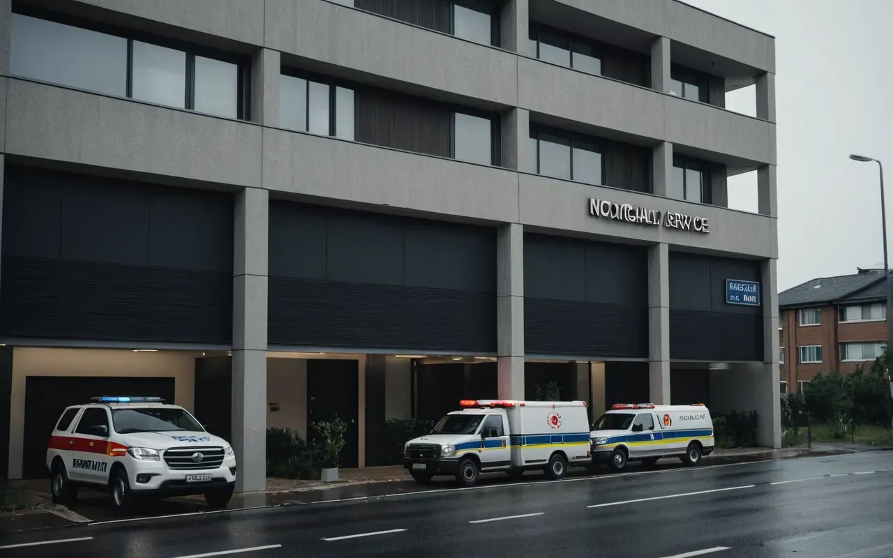 A modern apartment building facade with a slightly open window and emergency service vehicles parked in the street below under overcast lighting.