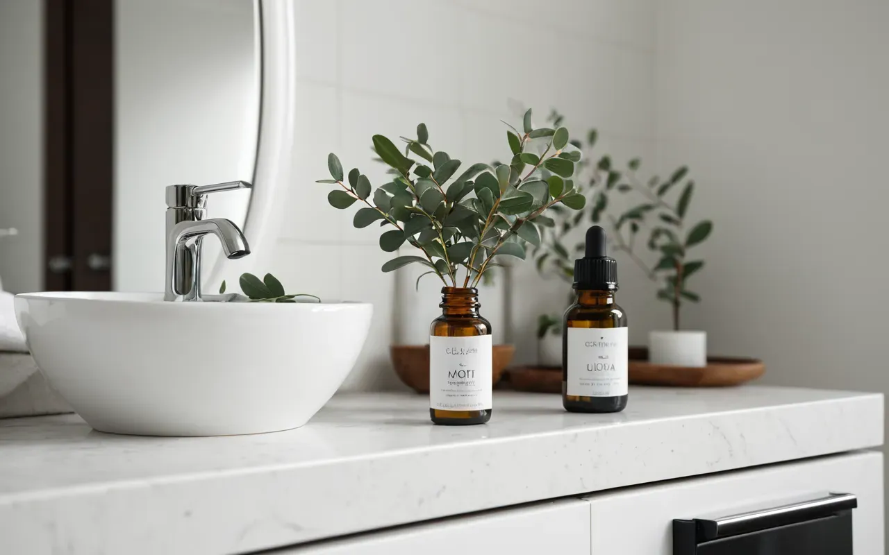 okaliptüs yağı, nane bitkisi A modern bathroom counter with a small bottle of eucalyptus essential oil and a fresh sprig of mint plant in a white ceramic pot. Clean and minimal aesthetic.