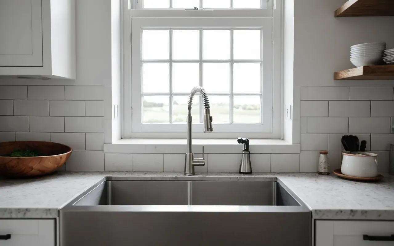 A modern bright kitchen interior with a clean stainless steel sink and an open window allowing fresh air to flow in while natural light illuminates the white countertops.