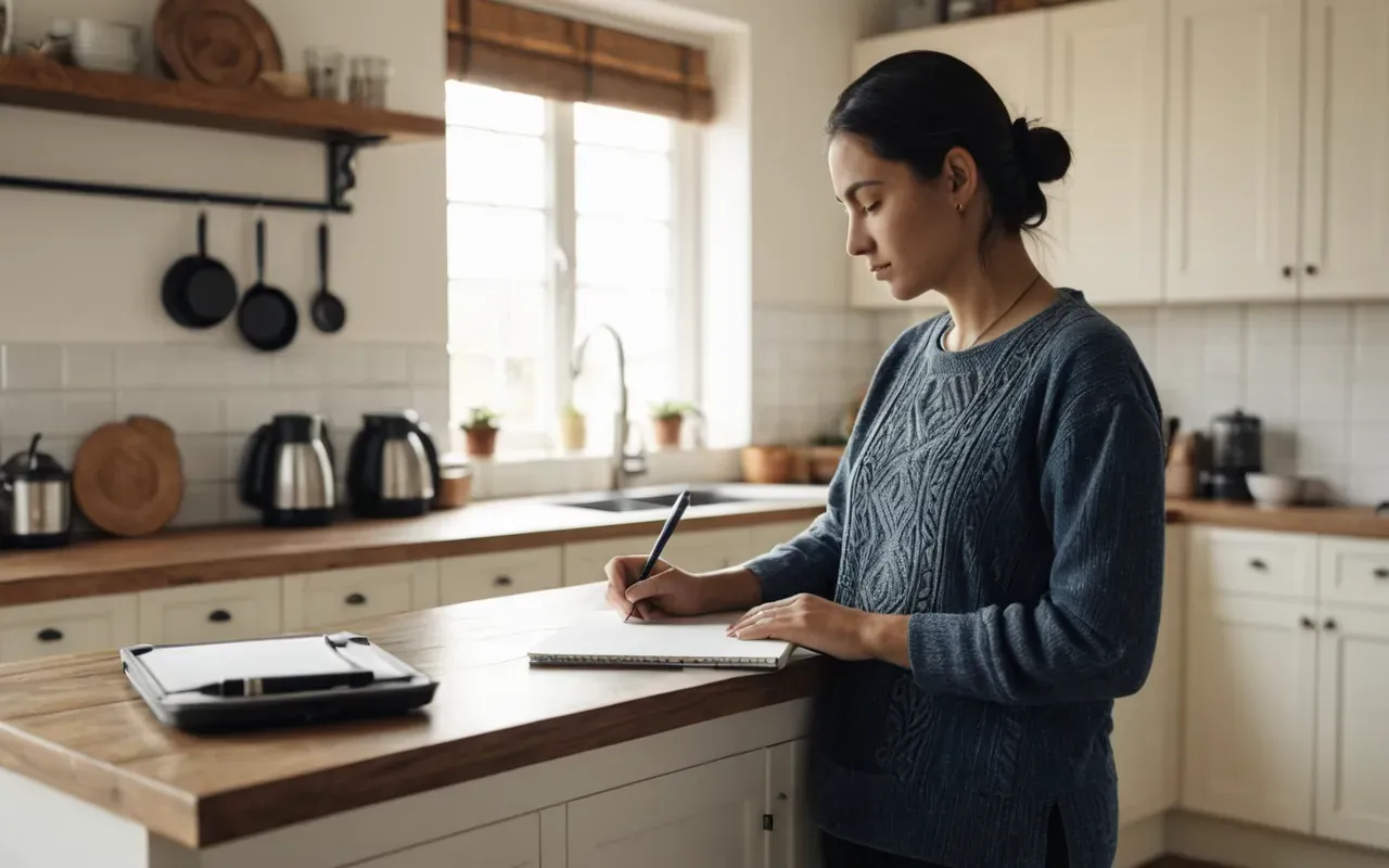 ev işleri A modern bright kitchen with a woman standing near the counter holding a notebook and pen looking thoughtful in natural morning light showing domestic work context without any text or logos visible on surfaces.