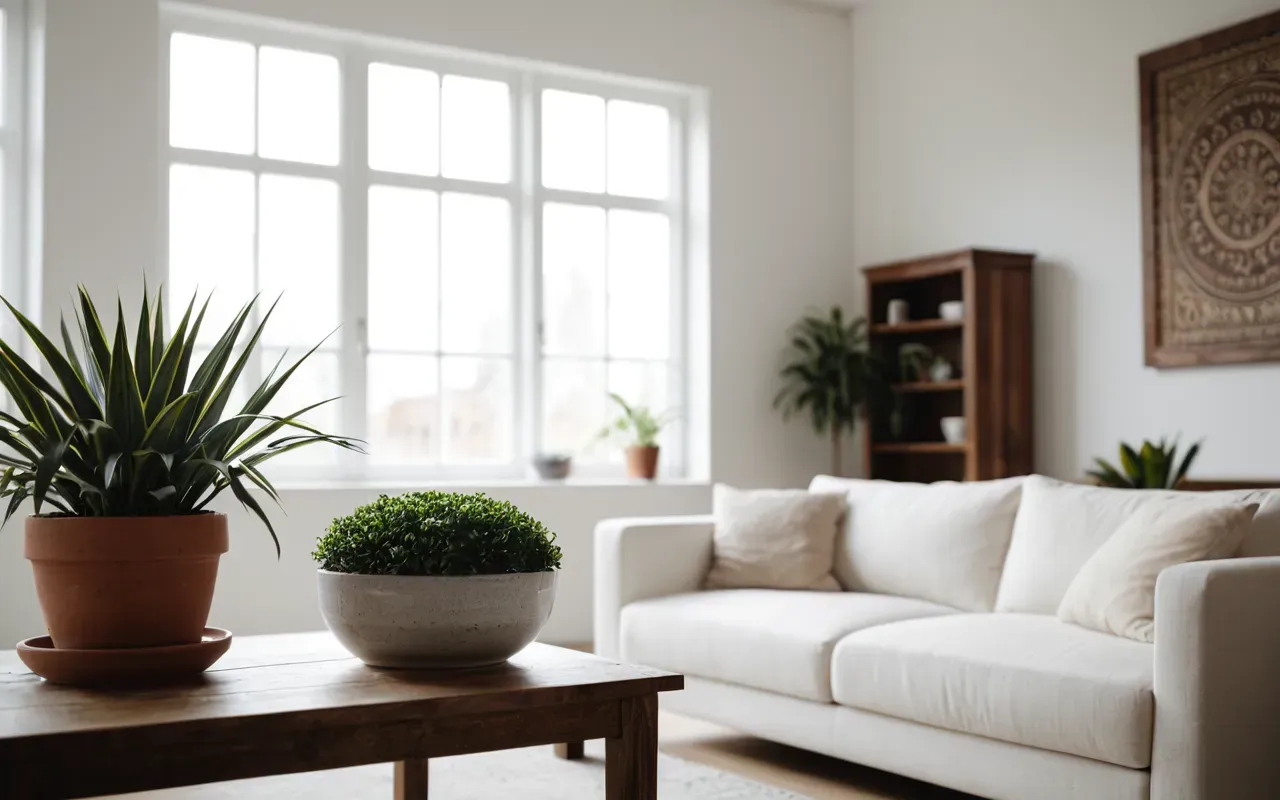 sağlıklı yaşam alanı oluşturma A modern, bright living room with a clean white sofa and large windows letting in soft natural light. A small potted plant sits on a wooden side table next to a glass of water.