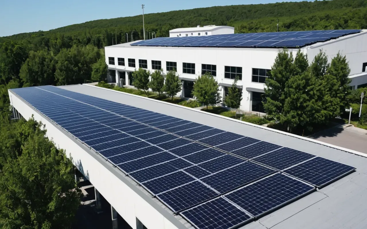 solar panel fabrika A modern factory exterior with solar panels on the roof under a bright blue sky. The building is clean and white, surrounded by green trees. No text or logos are visible.