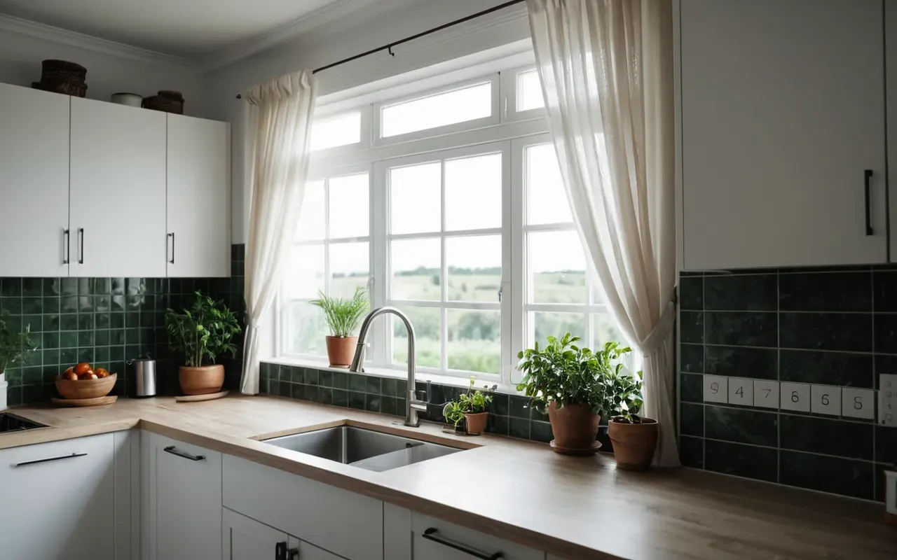 havalandırma sistemleri A modern kitchen window open with sheer curtains flowing in the breeze allowing fresh air to circulate through a bright room with white cabinets and green plants on the sill creating a healthy living environment without any text or branding