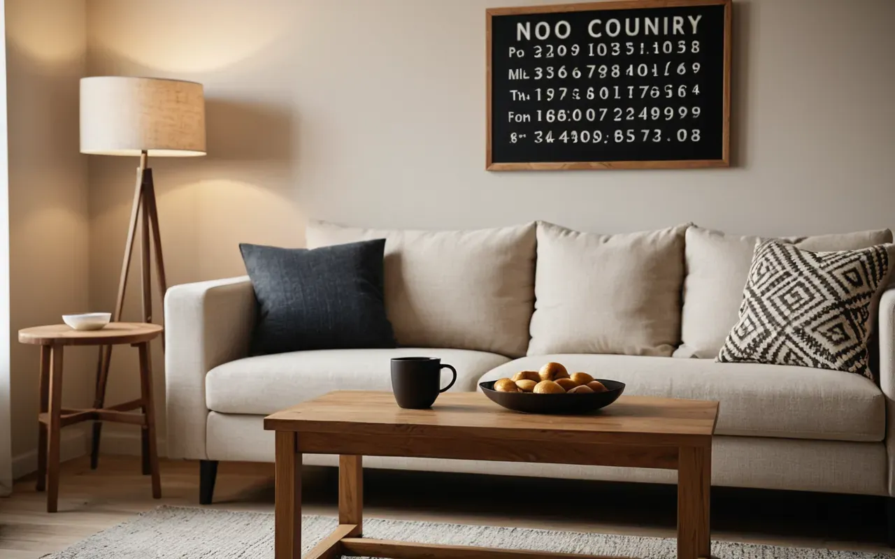 yaşam alanı A modern living room with beige sofa and wooden coffee table, soft evening light from a floor lamp, clean minimalist aesthetic, editorial photography.