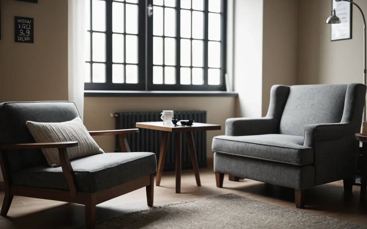 A modern living room with soft natural light from large windows, a comfortable armchair near a small side table with medical supplies and a tablet device showing health data, clean white walls, neutral tones, calm and organized atmosphere, no people visible.